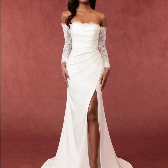Chic Off-Shoulder Lace Sleeve Gown - Picture 1 of 10